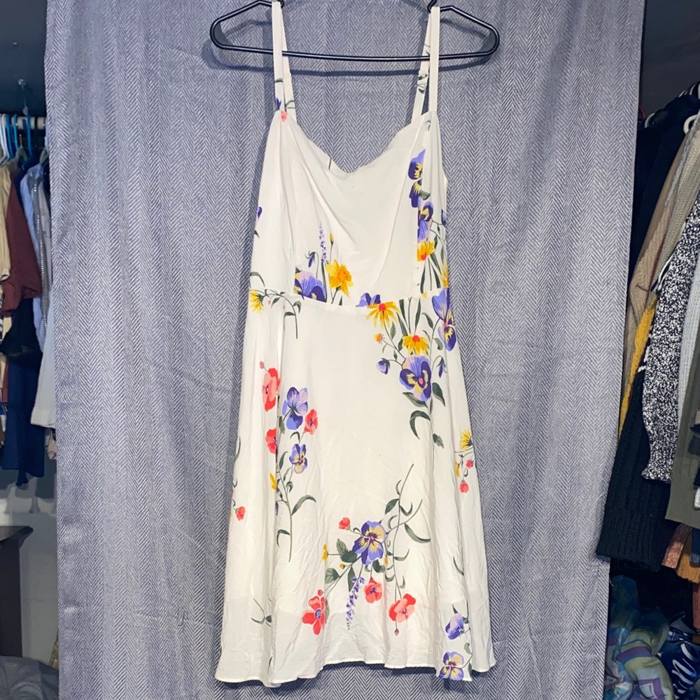 Old Navy White Floral Midi Dress with Purple, Yellow & Pink Blooms